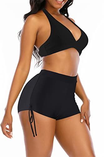 Womens High Waisted Swimsuits with Boy Shorts Brazilian Triangle Top Stripes Halter Bikini Two Piece Bathing Suits3