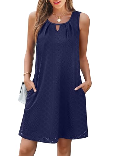 Image of RUMIA Swimsuit Coverup for Women Summer Sleeveless Beach Dress | Crew Neck, Pockets, Eyelet, Boho, Above knee Length, A-Line. Everyday wear, Sundresses, Cruise Wear, Vacation essential