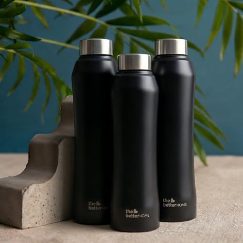 The Better Home Steel Water Bottle (3Pcs-1 Litre) Water Bottle For Kids School | Water Bottle For Home | Leak- Proof BPA Free | Gym Water Bottle | Water Bottle For Office (Black)