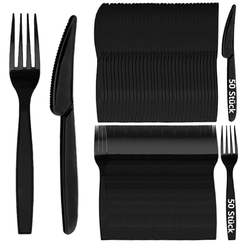 Plastikbesteck, 100 Stück Plastikbesteck Set, 5 Plastikgabeln 50 Plastikmesser Besteck Schwarz Party Besteck Wiederverwendbar für Familie...