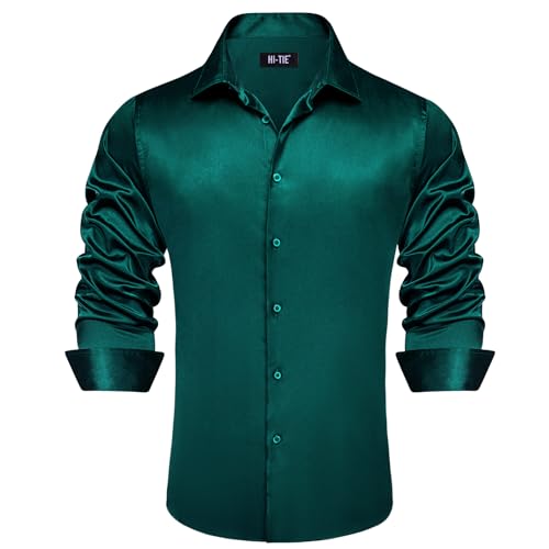 Image of Hi-Tie Men's Silk Satin Dress Shirts Long Sleeve Shiny Casual Button Up Shirts Luxury Party Disco Prom Wedding Shirt
