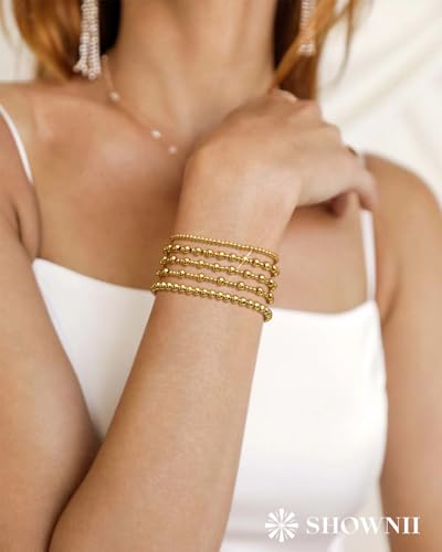 shownii Gold Bracelets for Women - 14K Gold Plated Stretch Beaded Bracelets Stackable Bead Ball Adjustable Jewelry Set with Cross Graduation Gifts for Her3