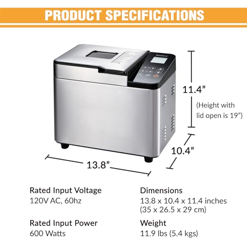 Bread Maker Machine with Ceramic Nonstick Pan, 19 Menus, 2 Pound Stainless Steel Breadmaker with Glass Touch Panel, Gluten Free, Sourdough Starter, Custom Setting, 3 Loaf Sizes & Crust Colors