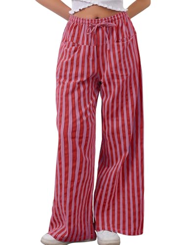 Kissonic Women Striped Pants Casual Drawstring Wide Leg Trousers Loose Lounge Pajama Pants with Pockets(Red-XL)
