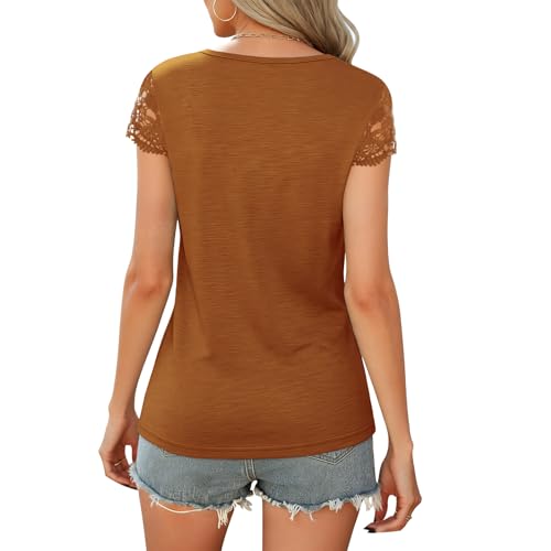 Image of Womens Tops V Neck Short Sleeve T Shirts Womens Summer Tops Casual Soft Basic Lace Tops Spring Summer Tees Clothes 2026