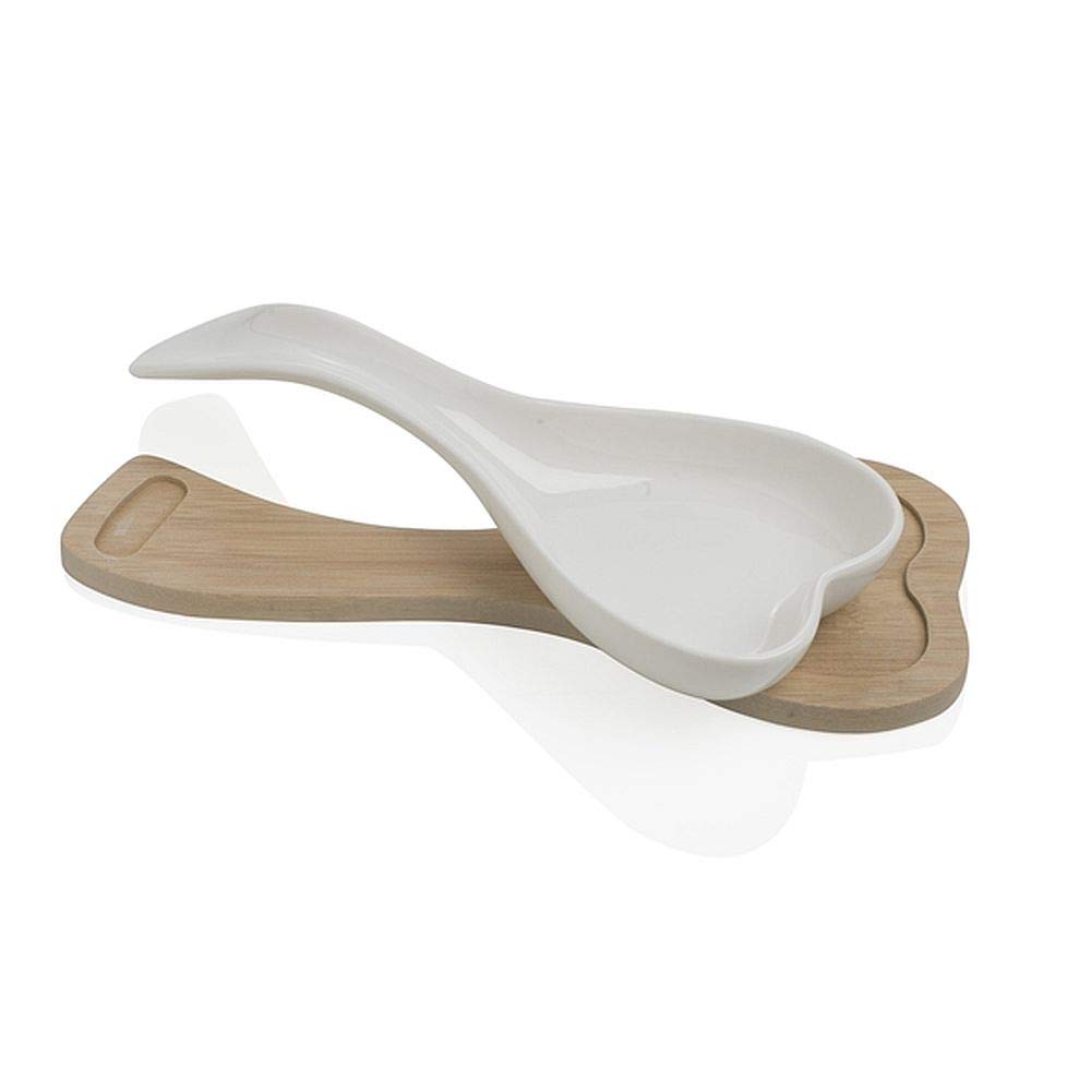 BRANDANI 54613 Porta Mestolo Cuore Porcellana con Supporto Bambù Naturale, Multicolore