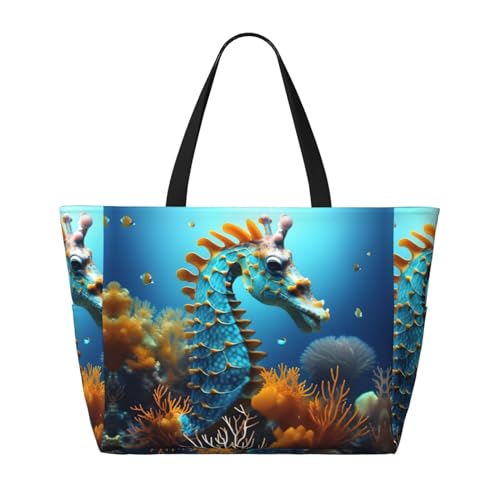 Blue Seahorse Large capacity beach bag with zipper, perfect for grocery bag pool gym travel shopping foldable beach travel bag,2