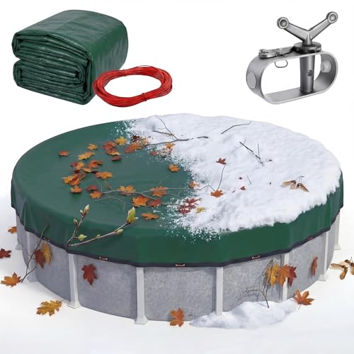 Extra Thick 24FT Round Swimming Pool Cover for Above Ground Above-Ground Pool Cover with Winch and Cable Windproof Tarp Straps UV-Resistant Reinforced Edges (Army Green)