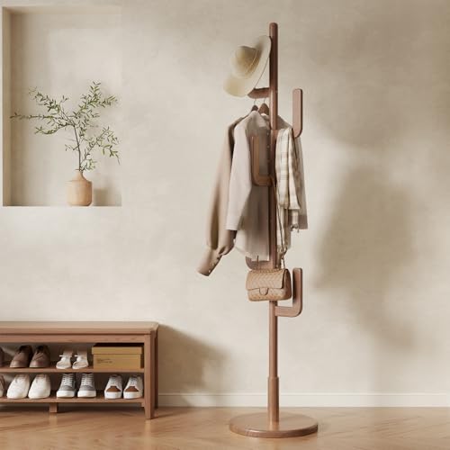 Image of Muwuele Solid Wood Cactus Coat Rack, Freestanding Coat Rack With 6 L-Shaped Hooks and 3 Adjustable Sizes, Coat Tree for Bedroom, Entryway, Livingroom, Coat Hanger Stand for Coats, Handbags (Walnut)
