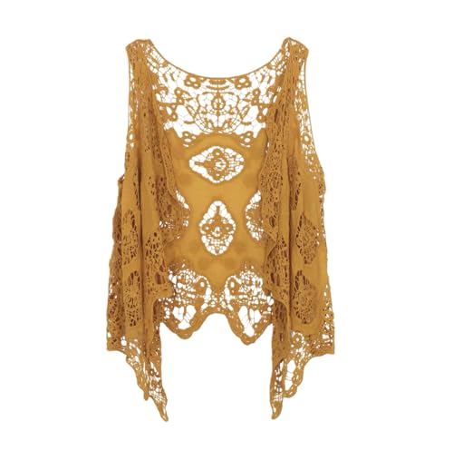 Image of Women's Floral Crochet Vest Hollow Out Open Front Vintage Boho Lace Button Sleeveless Crochet Cardigan