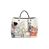 Braccialini Cartoline Lt Borsa a mano in similpelle con doppi manici e tracolla in nastro logato, regolabile e removibile per una doppia portabilità. Il design è vivacemente decorato con una stampa