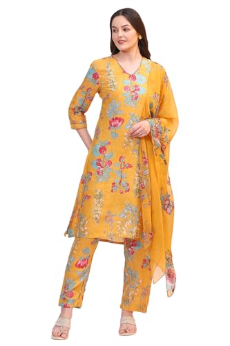 Image of W for Woman Reef Blue Floral Printed Modal Straight Kurta, Pants and Dupatta Set