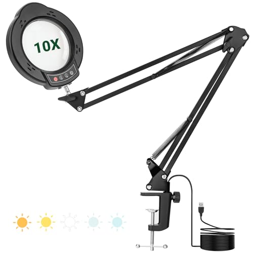 WISYOK Lupe mit Licht und Ständer, 10x LED Lupenleuchte mit Groß Schwenkarm, 5 Farbmodi 10 Stufenlos Dimmbare, 2in1 Lupenlampe mit Klemme, Leselupe für Senioren, Tischlupe, Sehbehinderte