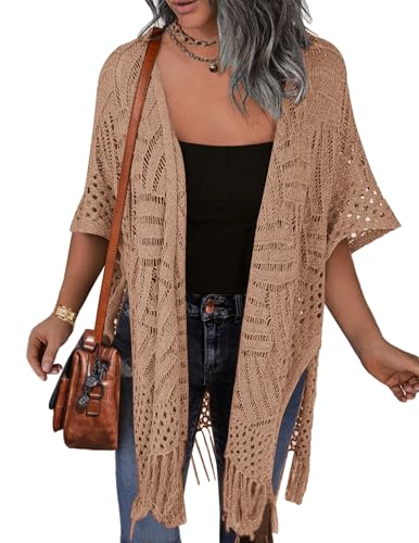 Image of HOTOUCH Womens Knit Cardigan Open Front Outwear Hollow Out Crochet Tassel Lightweight Kimonos Sweater S-XXL