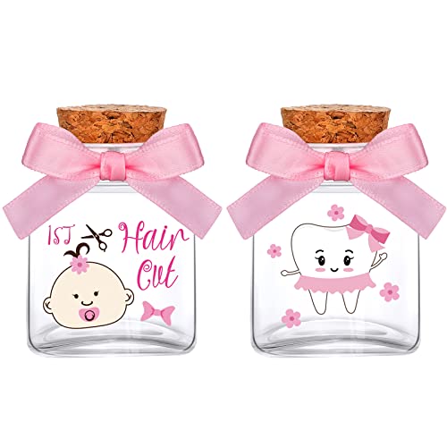 Eaasty 2 Piece Baby Keepsake Box Glass Baby First Teeth Curl Haircut Keepsake Holder for Boys and Girls(Pink,Girl Pattern)