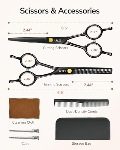 Image of Hair Cutting Scissors Thinning Shears Kit ULG Professional Barber Hairdressing Texturizing Salon Razor Edge Scissor Japanese Stainless Steel 6.5 inch BLK
