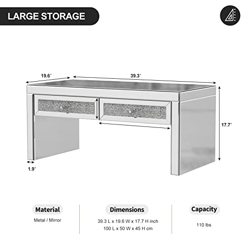 Ikifly Mirrored Coffee Table With 2 Crystal Drawers, Glass Rectangle End Table Coffee Tea Table For Living Room Bedroom #TOP1