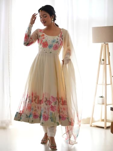 Image of Naixa Women's Organza Printed Straight Kurta with Pant and Dupatta Set (NK-401)