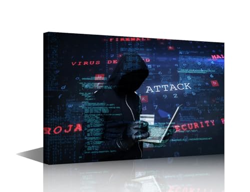 Bathroom Decor Wall Art Hacker Holding Laptop and Credir Card Wall Decor 1 Piece Hacker Posters & Prints Science and Technology Wall Art for Living Room Office Bedroom Framed Ready to Hang(16''Wx24''H)
