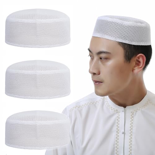 PURFUN 3Pcs Mesh Kufi Hats Muslim Prayer Cap Islam Religious Skull Cap Men Teens Breathable Arabic Messianic Praying Headwear Jewish Christian Prayer Kufi Hat Beanie Ramadan Eid Gift