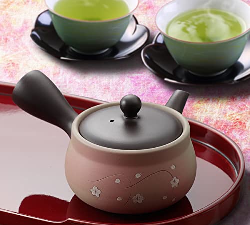 Japanese Red Clay Teapot For Green Tea (9Oz) – Traditional Clay Teapot Made In Tokoname With Floral Design – Fine Mesh System For Fukamushi Tea Deep Steaming #TOP2
