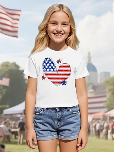 Image of VVNTY Girls American Flag Crop Tops Kids USA Crop Shirt Patriotic 4th of July Tops 5-14 Years