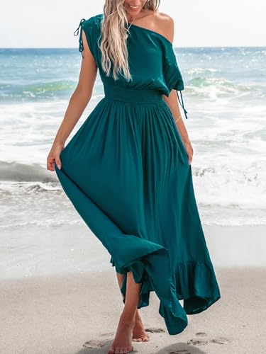 CUPSHE Women's Maxi Dresses Casual Summer Sundress Sleeveless Smocked One Shoulder Ruffled Long Beach Formal Dress4