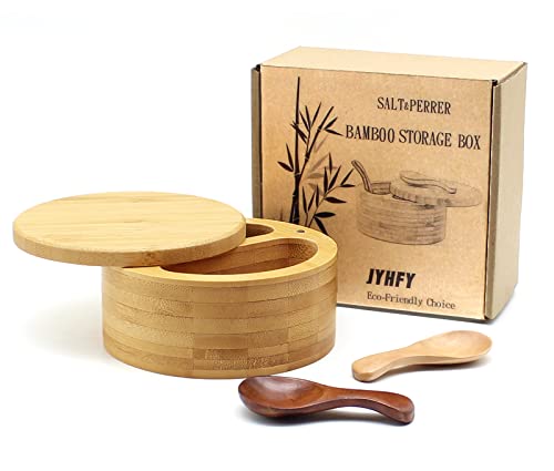 JYHFY Bamboo Salt and Pepper Box, Salt Cellar with 2 Storage Compartments Swivel Lid and Magnet to Keep Dry，Spice Box Salt Container with Two Spoons