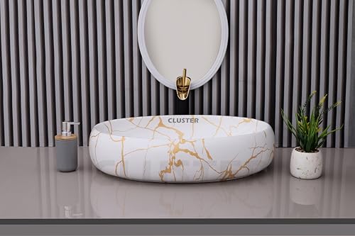 Image of CLUSTER Designer Glossy Ceramic Table Top Wash Basin For Bathroom | Countertop Bathroom Sink For Livingroom, Resturant Decor, Oval Shape (24 x 16 x 6 inch)