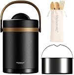 Heemburg 2L Thermal Food Flask, Premium 316 Stainless Steel Insulated Lunch Container, Leak-Proof Vacuum Jar for Hot & Cold Meals, Includes Internal Bowl & Bamboo Cutlery Set - Matte Black