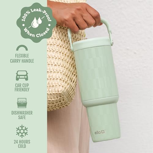Image of Ello Oasis Go+ 26oz Tumbler with Top Handle and Retracting Straw | Reusable Insulated Stainless Steel Cup, 100% Leakproof Water Bottle, 24 Hours Cold, Cup Holder Friendly For Travel | Jadeglow