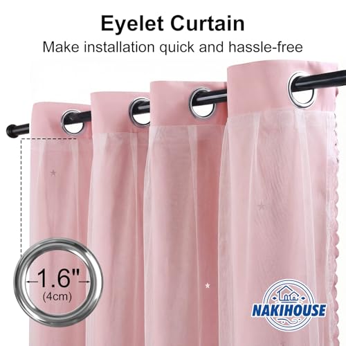 NAKIHOUSE Blackout Curtains with Net,2 Panels Eyelet Curtains for Kids Nursery Bedroom Living Room,52 x 54 Inch Thermal Insulated Curtain & Drapes,Pink - Image 4