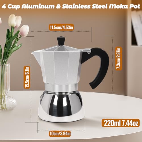 Vaolvpant No Coating 4 Cup Aluminum and Stainless Steel Moka Pot Stovetop Espresso Maker Italian Coffee Machine 220ml 7.44oz Suitable for Gas Induction Stovetop Greca Coffee Maker Percolator Silver