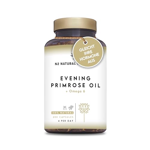 Nachtkerzenöl Kapseln Kaltgepresst 2000mg Tagesdosis 10% Gamma-Linolensäure GLA und Vitamin E. Nachtkerzenöl für Hormone Wechseljahre Haut Haare. 200 Softgel Kapseln UE N2 Natural Nutrition.