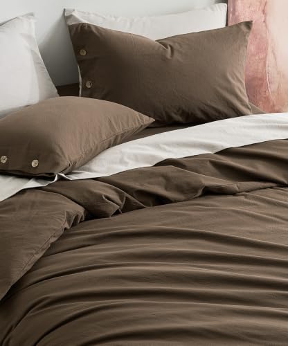 Image of JELLYMONI 100% Washed Cotton Brown Duvet Cover Cal King, Linen-Like