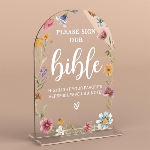 Acrylic Wedding Sign Please Sign Our Bible Signs for Ceremony Modern Calligraphy Arch Acrylic Table Top Signs for Wedding Reception and Event Party Table Decor (Wildflowers)