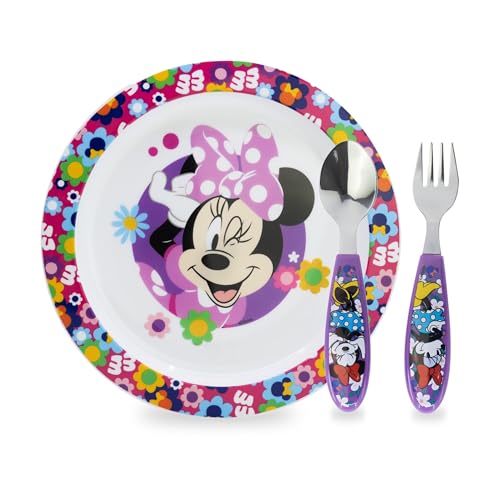 Sorrisini Vaisselle Réutilisable Minnie, Set de 3 Pièces pour le sevrage des Enfants, Assiettes et Couverts en Acier Inoxydable, Vaisselle en Plastique...
