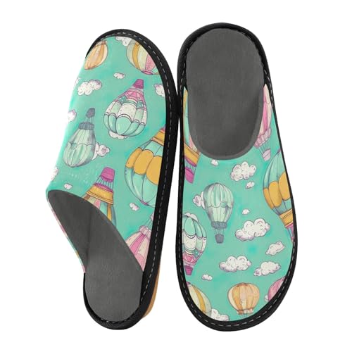 Cute Hot Air Balloon Green Memory Foam House Slippers for Grandma Mom, Slip On House Shoes for Women Size 4-52