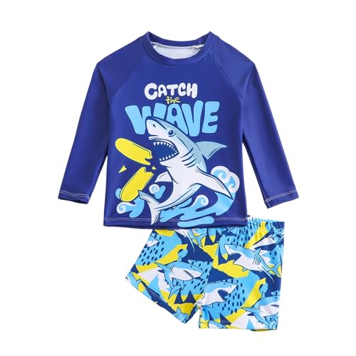 Toddler Swimsuit Boy 3 Piece Boys Swim Set Long Sleeve Swimming Shirt Trunks Rash Guard Bathing Suits Navy Blue Sharks 4-5T L