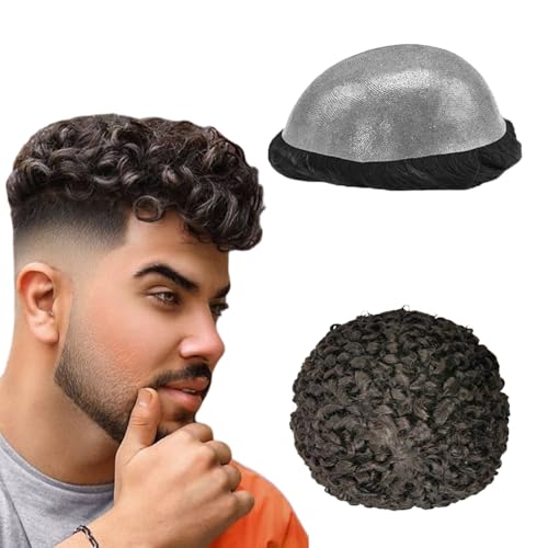N.L.W 0,04 mm sottile parrucchino in PU di capelli umani per uomo, 10 mm, riccioli afro, parrucchino da uomo, parrucchino di ricambio, misura 10 x 8 Marrone profondo