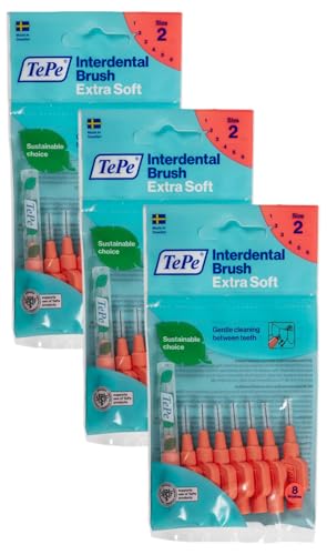 TePe Interdentalbürsten Extra Soft Rot (ISO Größe 2: 0,5 mm) / Für eine besonders sanfte & effiziente Reinigung der Zahnzwischenräume / 1 x 8 Interdentalbürsten (Packung mit 3)