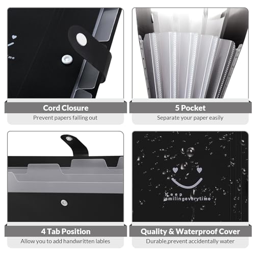 Image of SKYDUE File Folder with 8 Labels, 5 Pockets Accordion Paper Organizer for School and Office,A4 Letter Size,Black