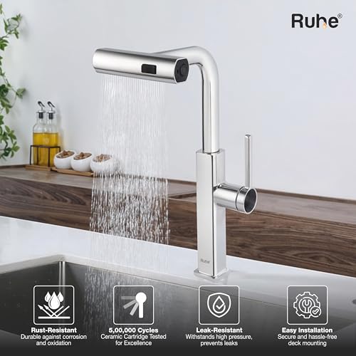 Image of Ruhe Arrow Kitchen Sink Mixer Pull-Out Sprayer Faucet Single Lever Tap with Triple Flow | 360 Swivel | Hot & Cold Water | Table Mounted Kitchen Sink Tap