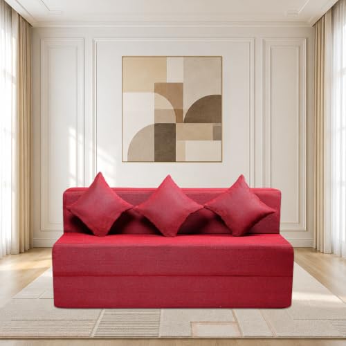 Image of Seventh Heaven 4 Seater 6 * 6 Jute Fabric Washable Cover Sofa Cum Bed 4 Seater Double Foam Fold Out Sofa Cum Bed (Finish Color - Maroon Delivery Condition - Pre-Assembled)