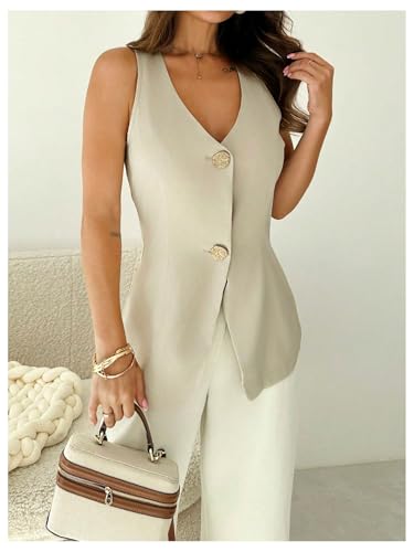 Verdusa Women's Button Down V Neck Blazer Vest Split Sleeveless Tops4