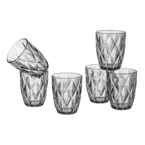 Baroni Home Set 6 pz Bicchieri Diamante in Vetro Colorati e Decorati con Rombo in Rilievo 28 CL, Bicchieri Eleganti Lavabili in Lavastoviglie, 8x8x10 cm Fumè