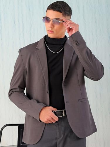 Image of The Indian Garage Co Men Comfort Straight Fit Solid Stretchable Single Breated Knitted Blazers