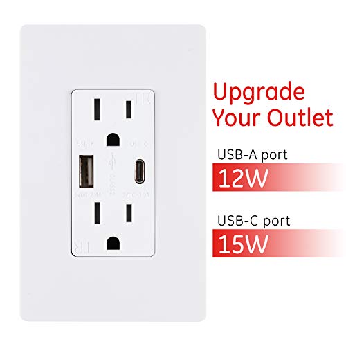 Ge Ultrapro Usb-C And Usb Outlet, Wall Receptacle, Tamper Resistant, Changeable Faceplates, 27 Total Watts, Perfect For Iphone, Ipad, And Samsung, Wallplate Not Included, White/Light Almond, 40838 #TOP1