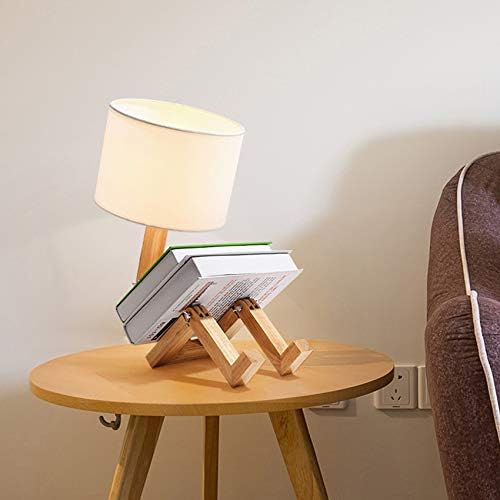 LITFAD Novelty Wooden Table Light with Drum White Shade Bedside Table Lamp Bedroom Bedside Lamp 1 Head Reading Light for Study Room Office Living Room