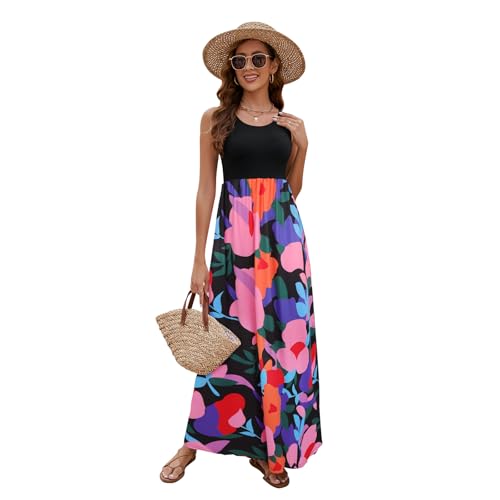Image of Sherosa Women Boho Chevron Striped Floral Printed Summer Sleeveless Tank Long Maxi Party Dress